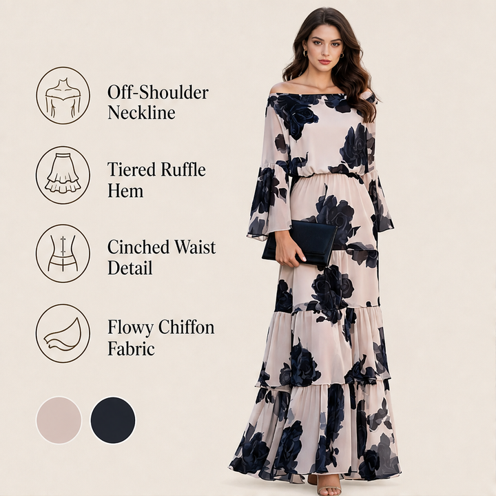 Rosemere – Off-Shoulder Floral Ruffle Hem Maxi Dress + 50% OFF features