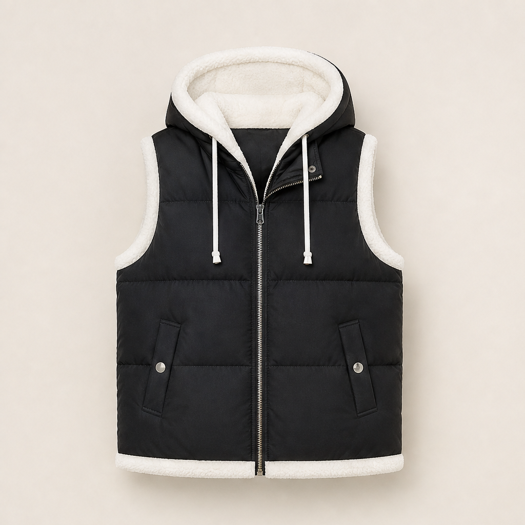 Foldwick – Faux Two-Piece Sherpa Hood Puffer Vest + 50% OFF Black