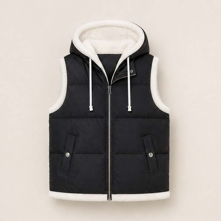 Foldwick – Faux Two-Piece Sherpa Hood Puffer Vest + 50% OFF Black