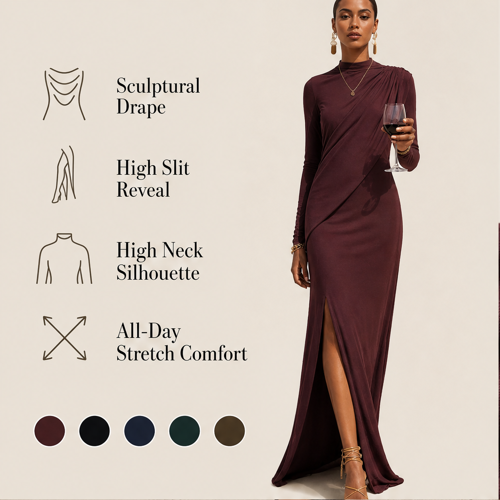 Solvienne – Draped High Neck High Slit Evening Gown + 50% OFF features