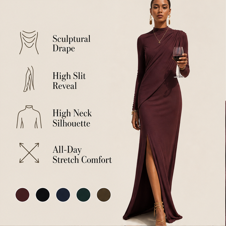 Solvienne – Draped High Neck High Slit Evening Gown + 50% OFF features