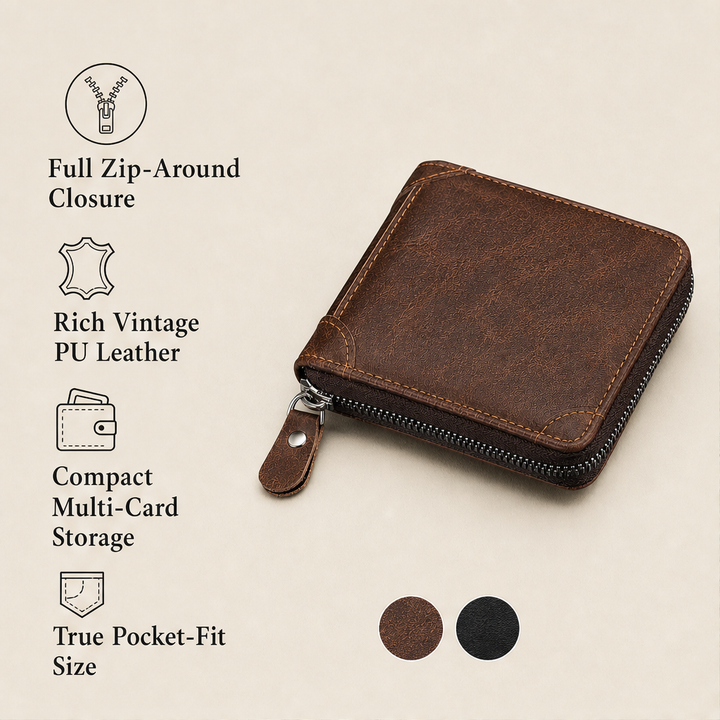 Wickfold – Retro Zip-Around PU Leather Bifold Wallet + 50% OFF features