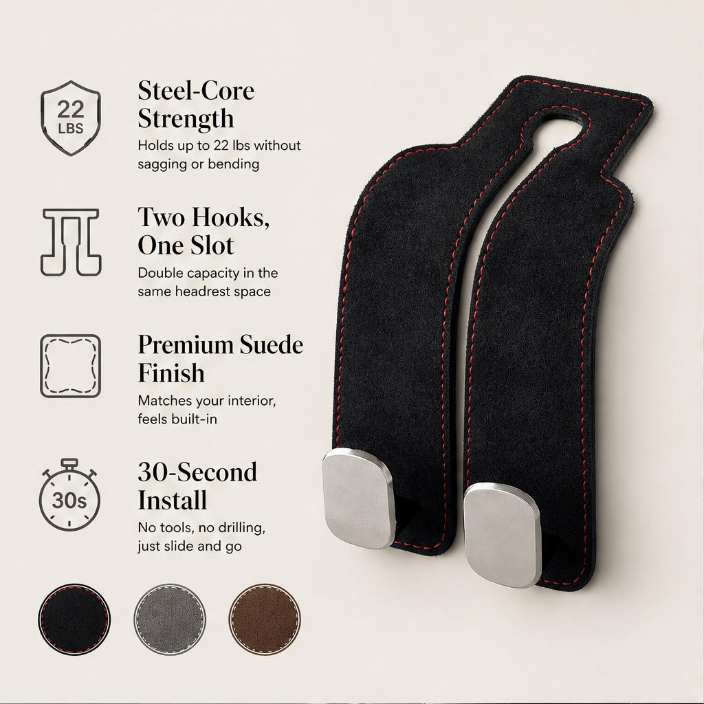 Backseat Foundry – Steel-Core Dual Hook Car Headrest Organizer + 50% OFF features