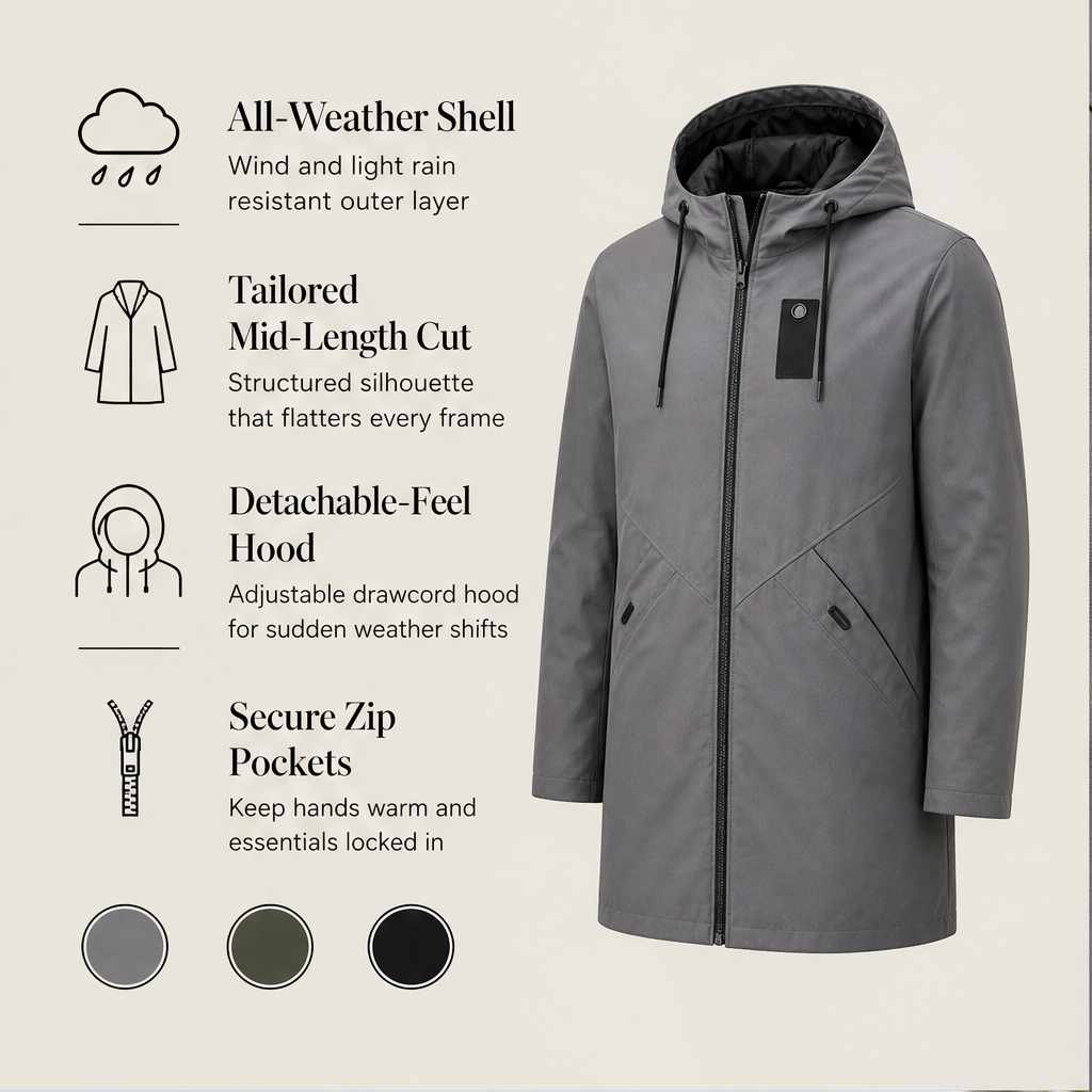 Marlowick – Water-Repellent Hooded Mid-Length Coat + 50% OFF features