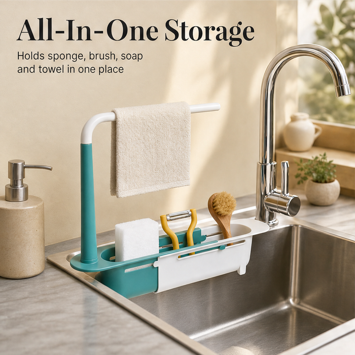 SinkCraft – Adjustable Telescopic Sink Storage Rack with Drain &amp;amp; Towel Bar + 50% OFF features