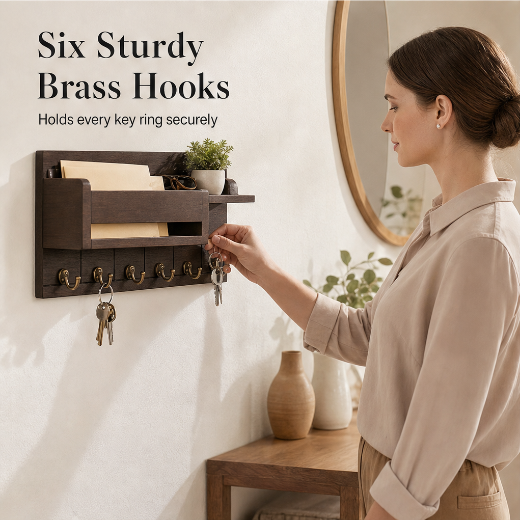 Oakhollow – Solid Wood Entryway Organizer with Key Hooks and Shelf + 50% OFF features