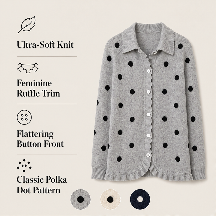 Marlowick – Ruffle Trim Polka Dot Knit Cardigan + 50% OFF features