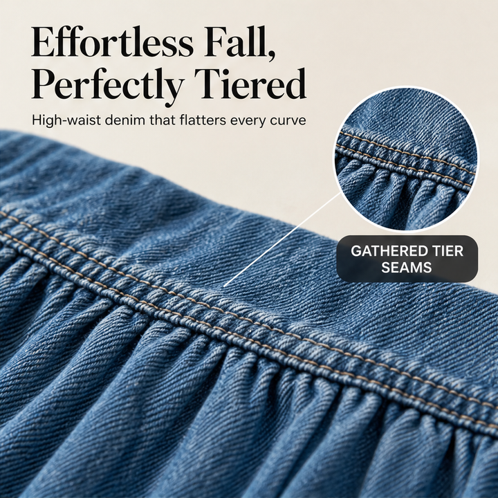 Westbloom – High-Waisted Tiered A-Line Cowboy Denim Maxi Skirt + 50% OFF features