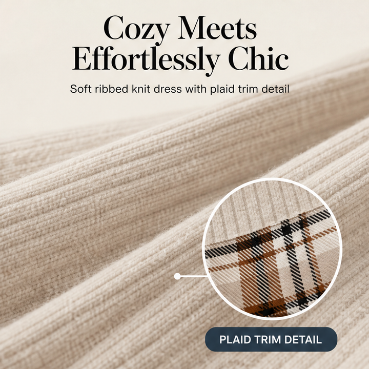 Knitfold – Layered-Look Ribbed Knit Tunic Dress with Plaid Trim + 50% OFF features