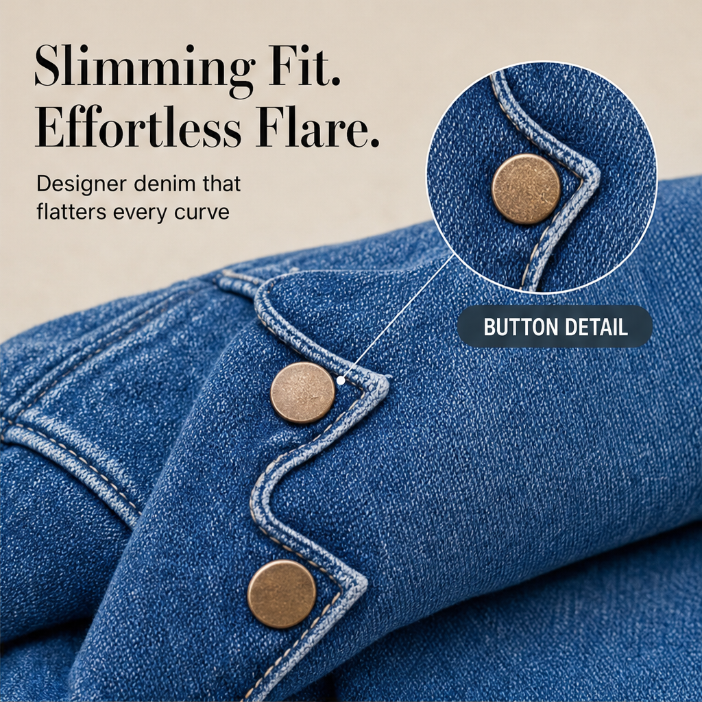Fernbelle – Scalloped Button Flare Jeans with Raw Hem + 50% OFF features