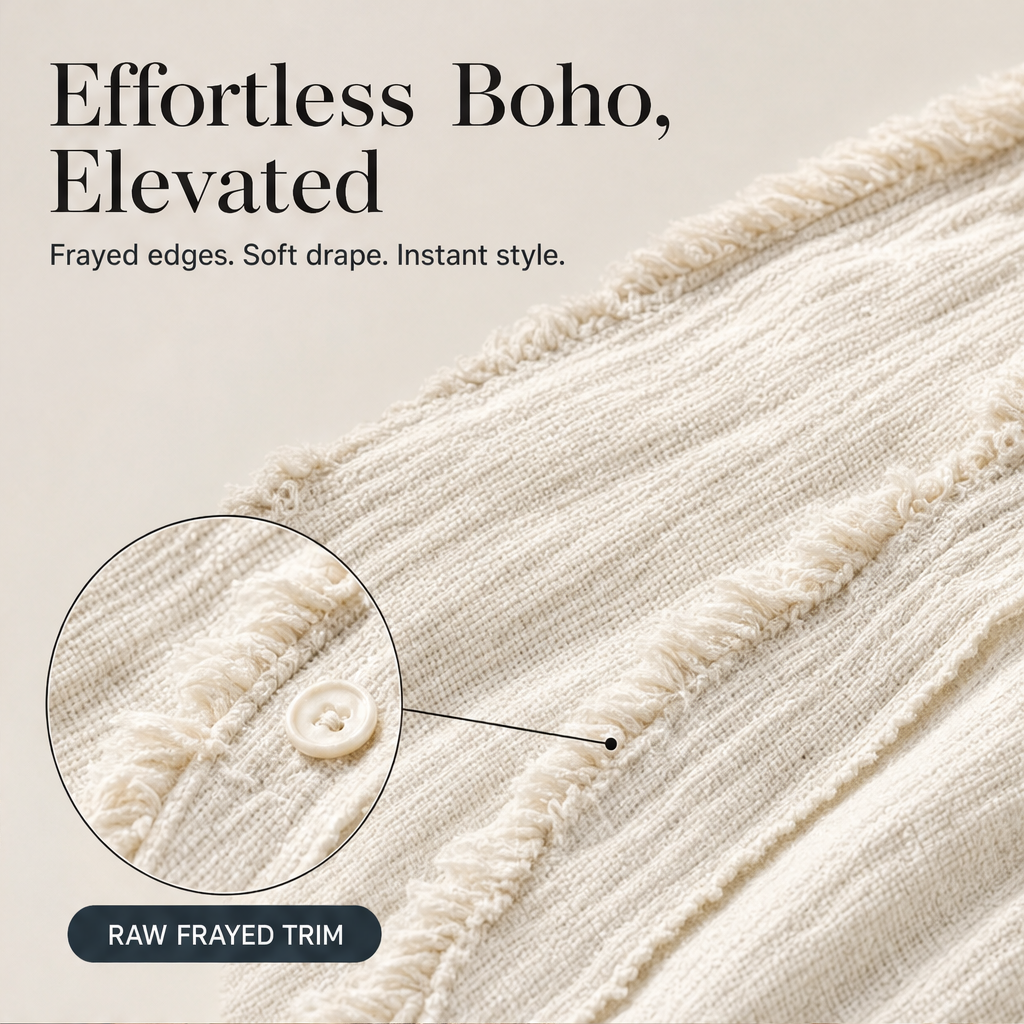 Frayvel – Raw-Frayed Trim Boho Long-Sleeve Shirt + 50% OFF features