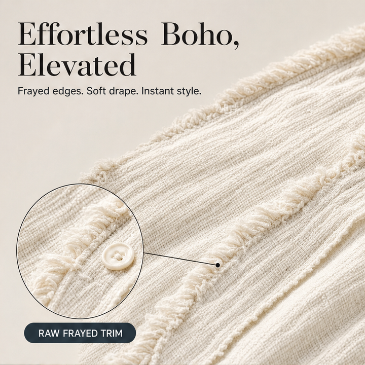 Frayvel – Raw-Frayed Trim Boho Long-Sleeve Shirt + 50% OFF features