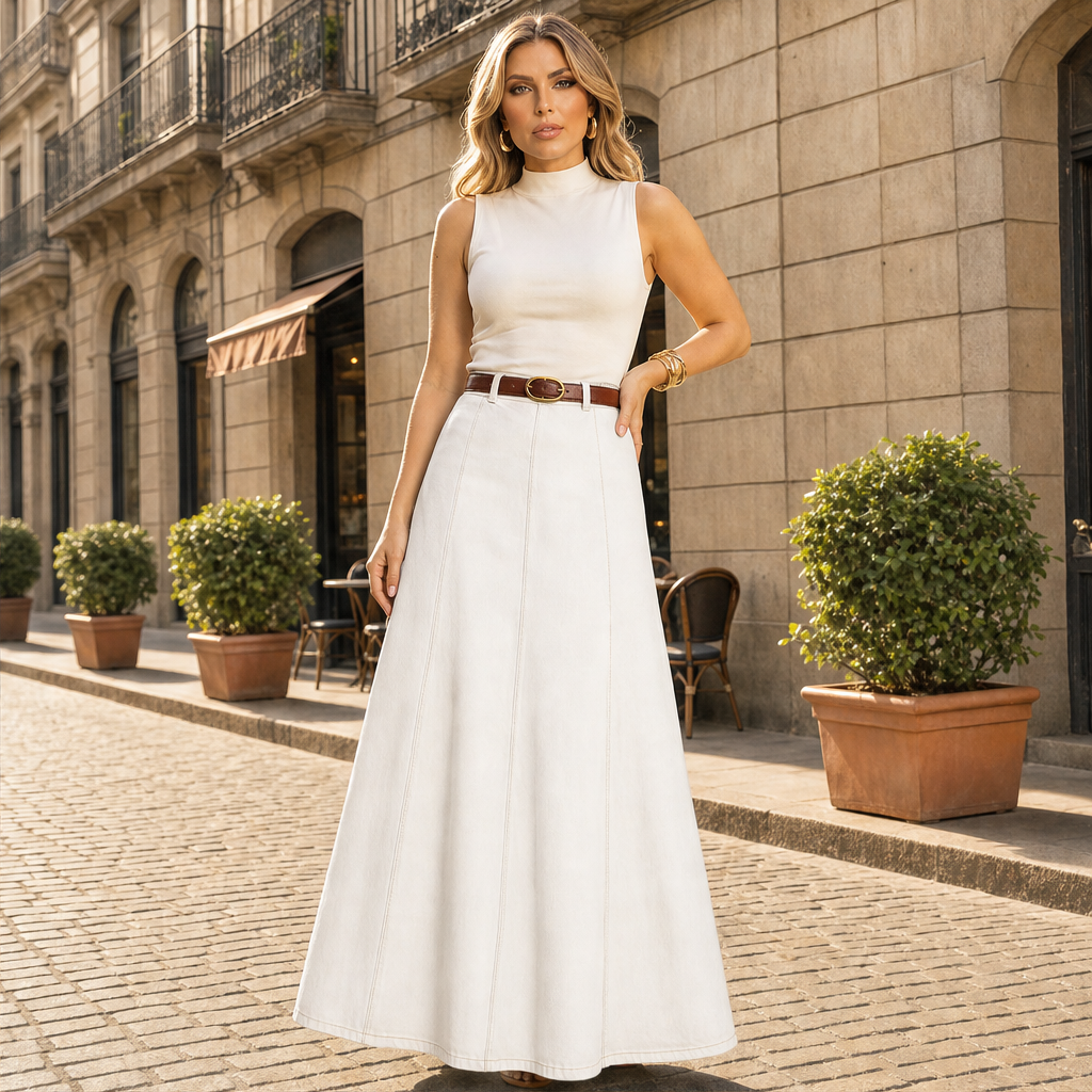 Vaelora – Flattering A-Line Denim Maxi Skirt + 50% OFF White