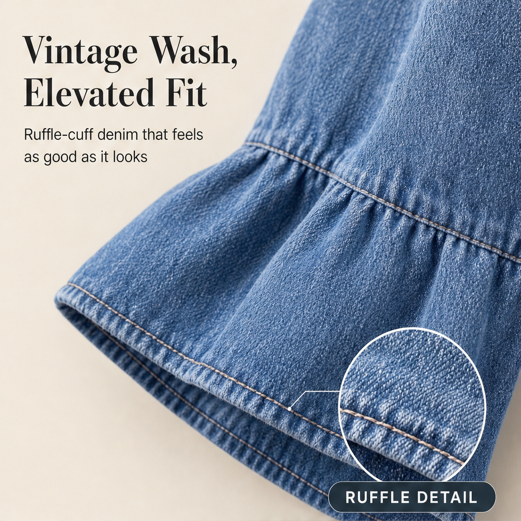Ruffleigh – Ruffle Cuff Peplum Fit Washed Denim Jacket + 50% OFF features