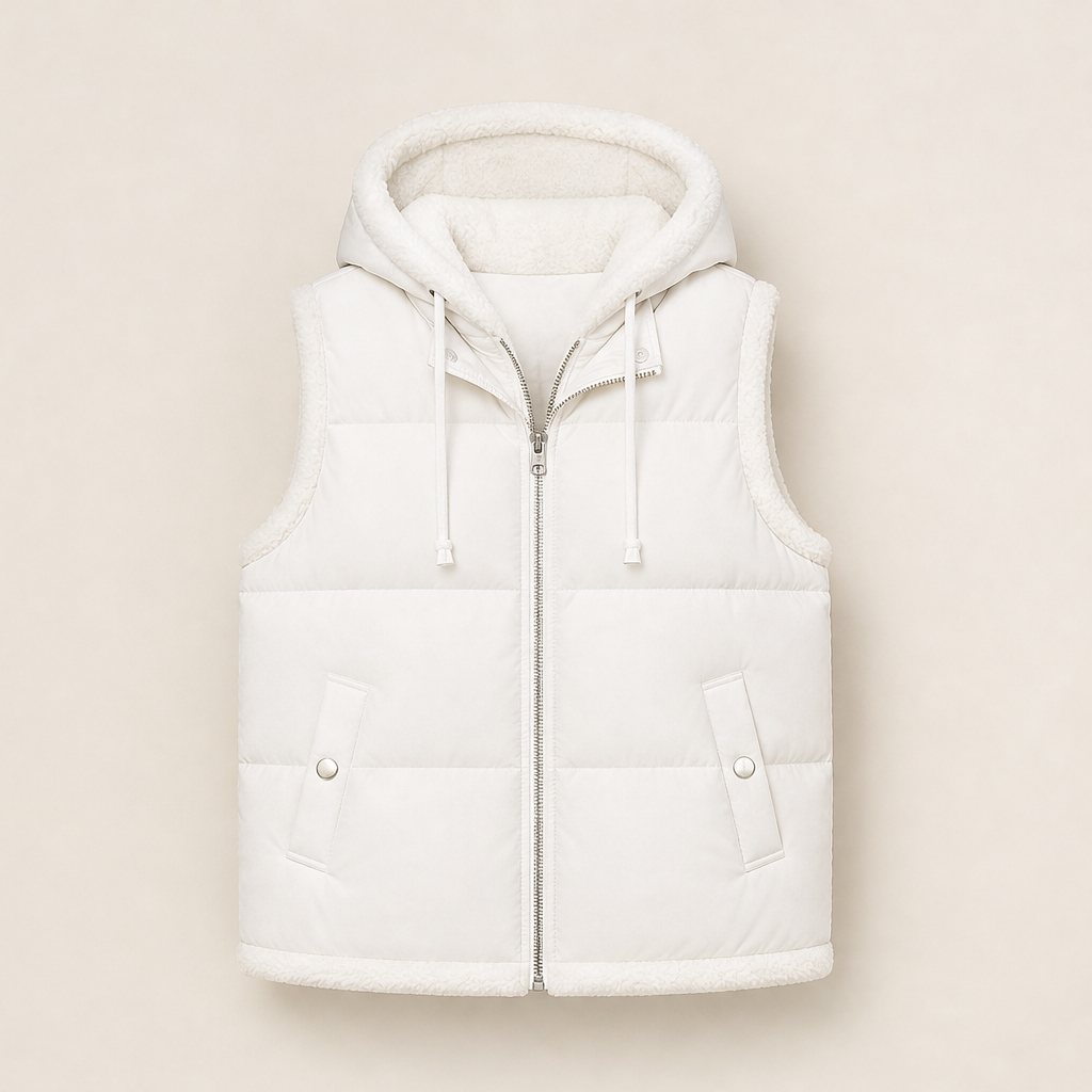 Foldwick – Faux Two-Piece Sherpa Hood Puffer Vest + 50% OFF White