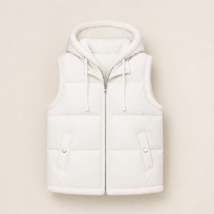 Foldwick – Faux Two-Piece Sherpa Hood Puffer Vest + 50% OFF White