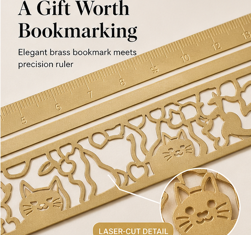 Purrline – 2-in-1 Brass Cat Bookmark &amp; Ruler + 1+1 FREE features