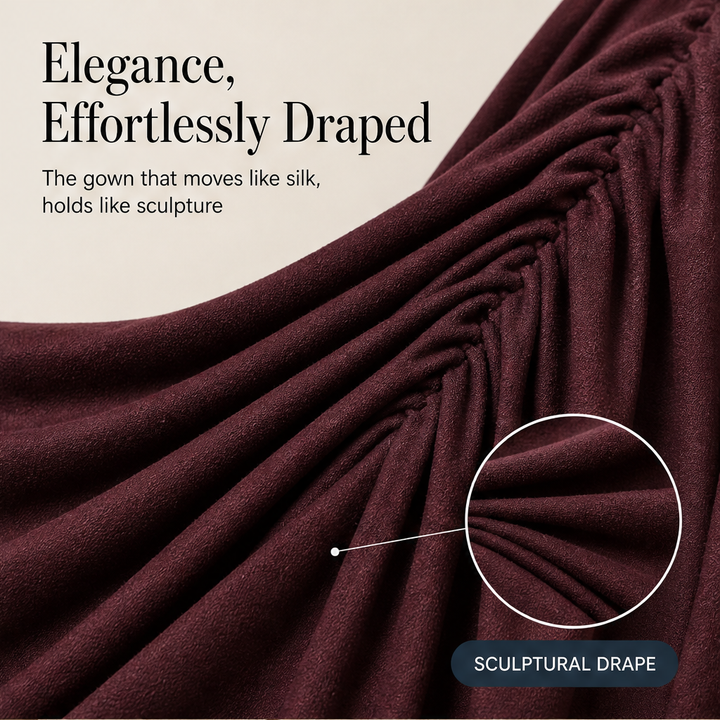 Solvienne – Draped High Neck High Slit Evening Gown + 50% OFF features