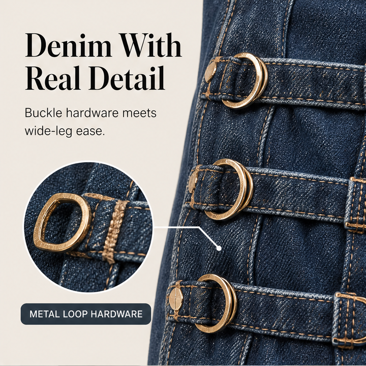 Buckridge – Gold Ring Buckle Wide-Leg High-Waist Cargo Jeans + 50% OFF features