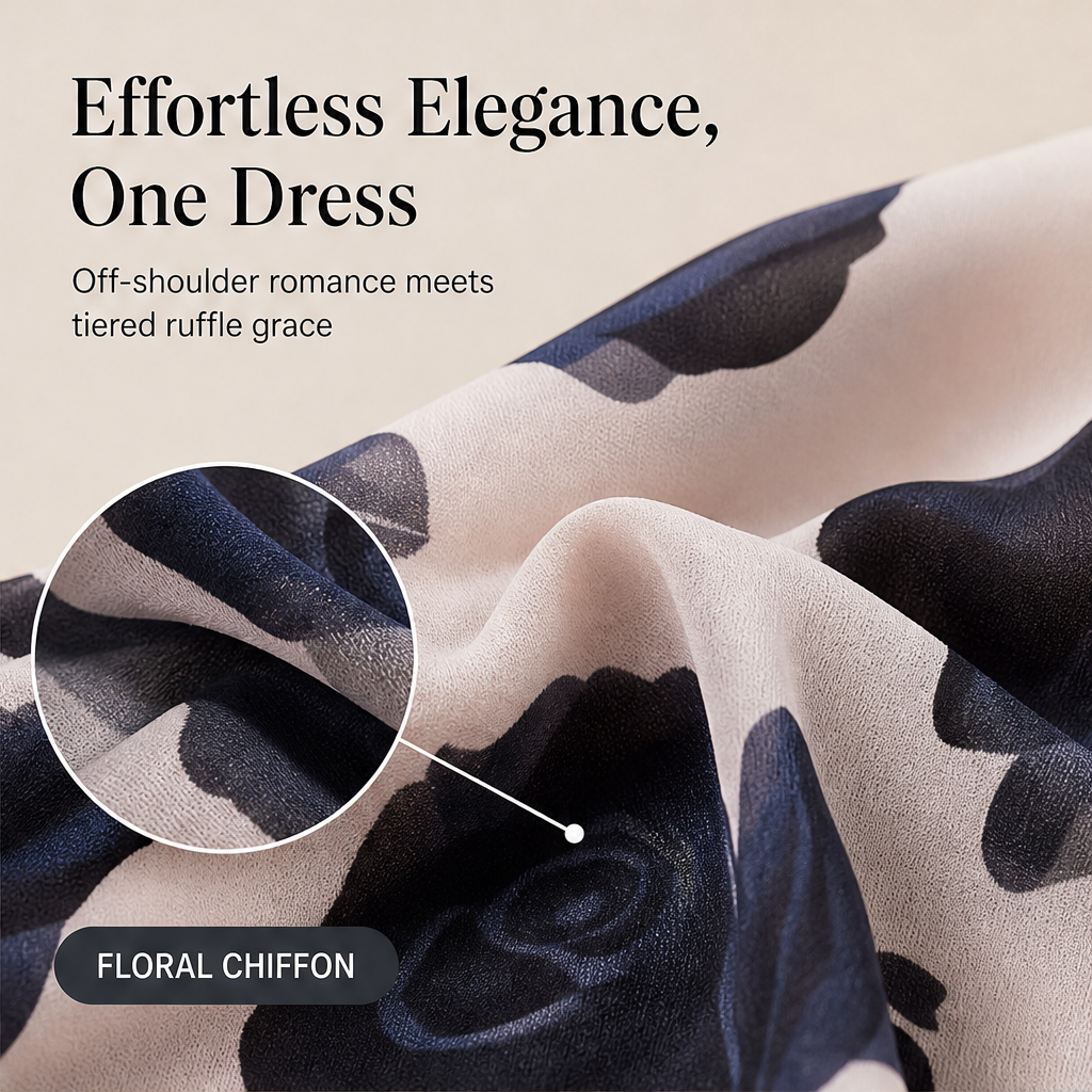 Rosemere – Off-Shoulder Floral Ruffle Hem Maxi Dress + 50% OFF features
