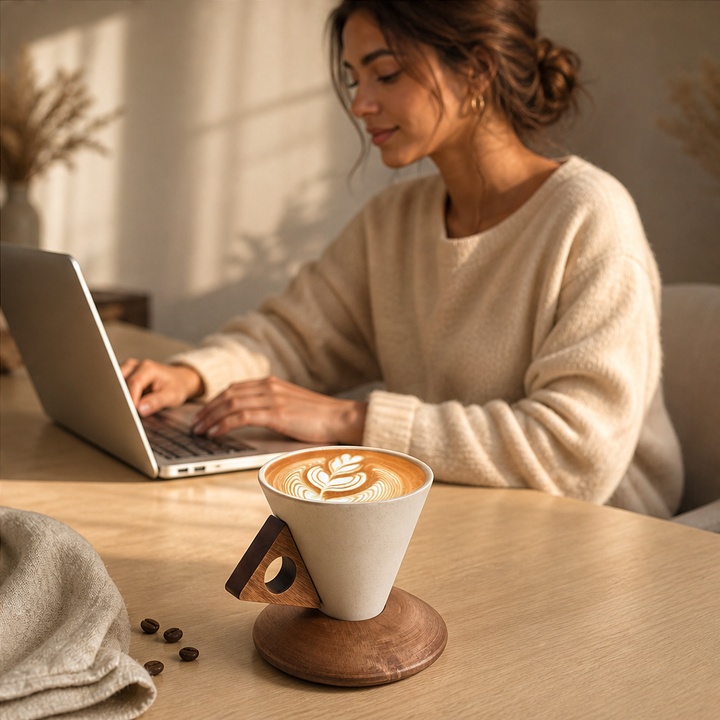 Acorra – Conical Ceramic Coffee Cup with Wood Handle &amp; Base + 50% OFF lifestyle