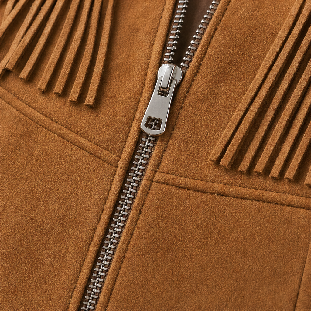 Sagebrush – Western Fringe Faux Suede Zip-Up Jumpsuit + 50% OFF detail