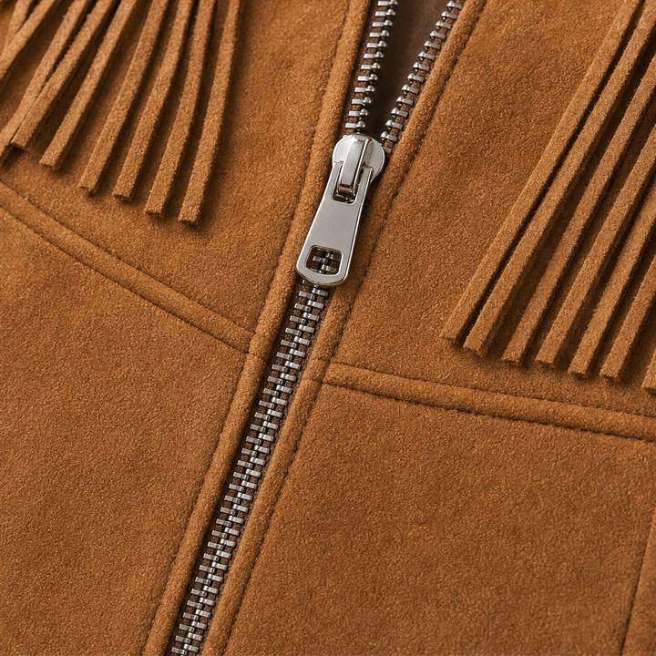 Sagebrush – Western Fringe Faux Suede Zip-Up Jumpsuit + 50% OFF detail