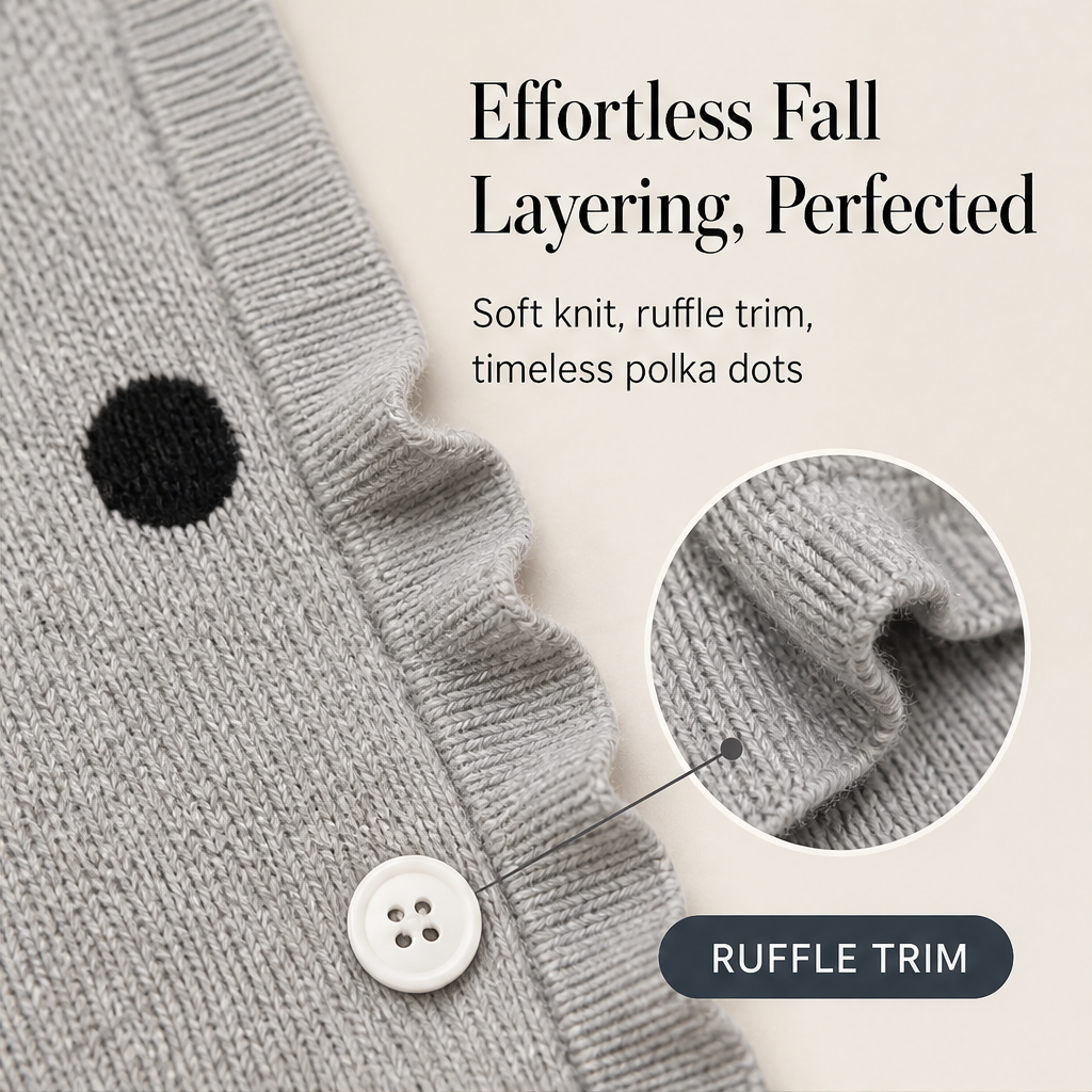 Marlowick – Ruffle Trim Polka Dot Knit Cardigan + 50% OFF features