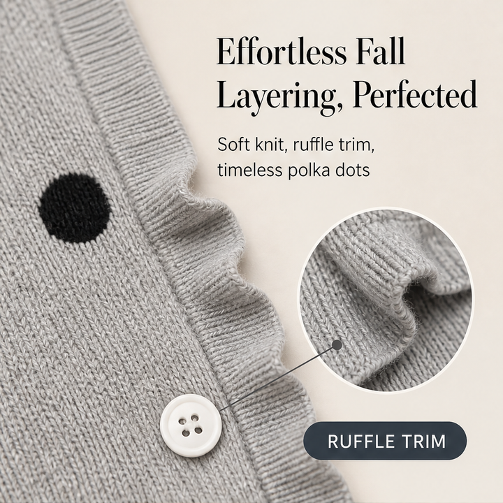 Marlowick – Ruffle Trim Polka Dot Knit Cardigan + 50% OFF features