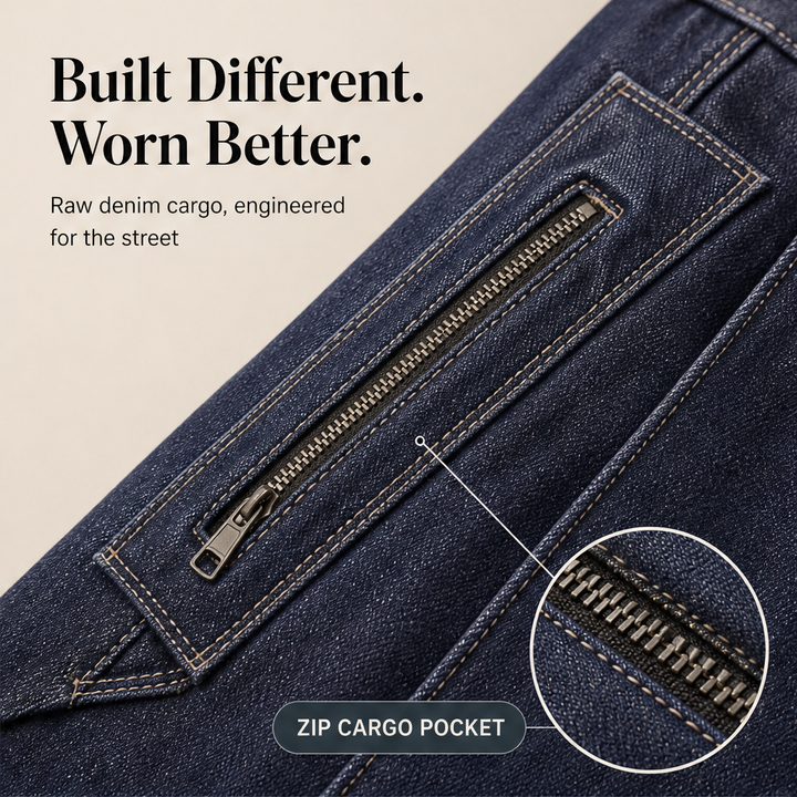 Denwick – Faux Denim Stretch Cargo Pants with Zip Pockets + 50% OFF features