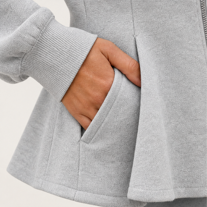 Waistelle – Corset-Seam Peplum Zip-Up Jacket with Puff Sleeves + 50% OFF detail