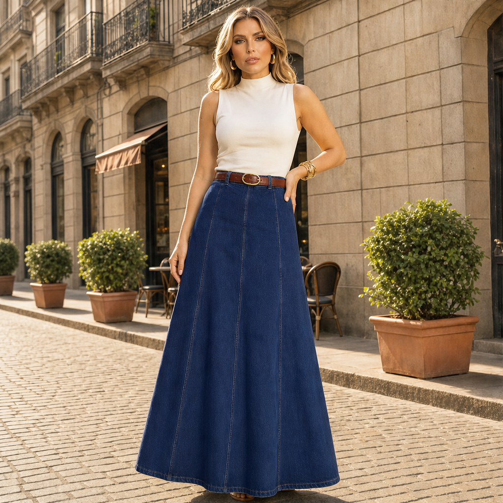 Vaelora – Flattering A-Line Denim Maxi Skirt + 50% OFF Dark Wash Denim