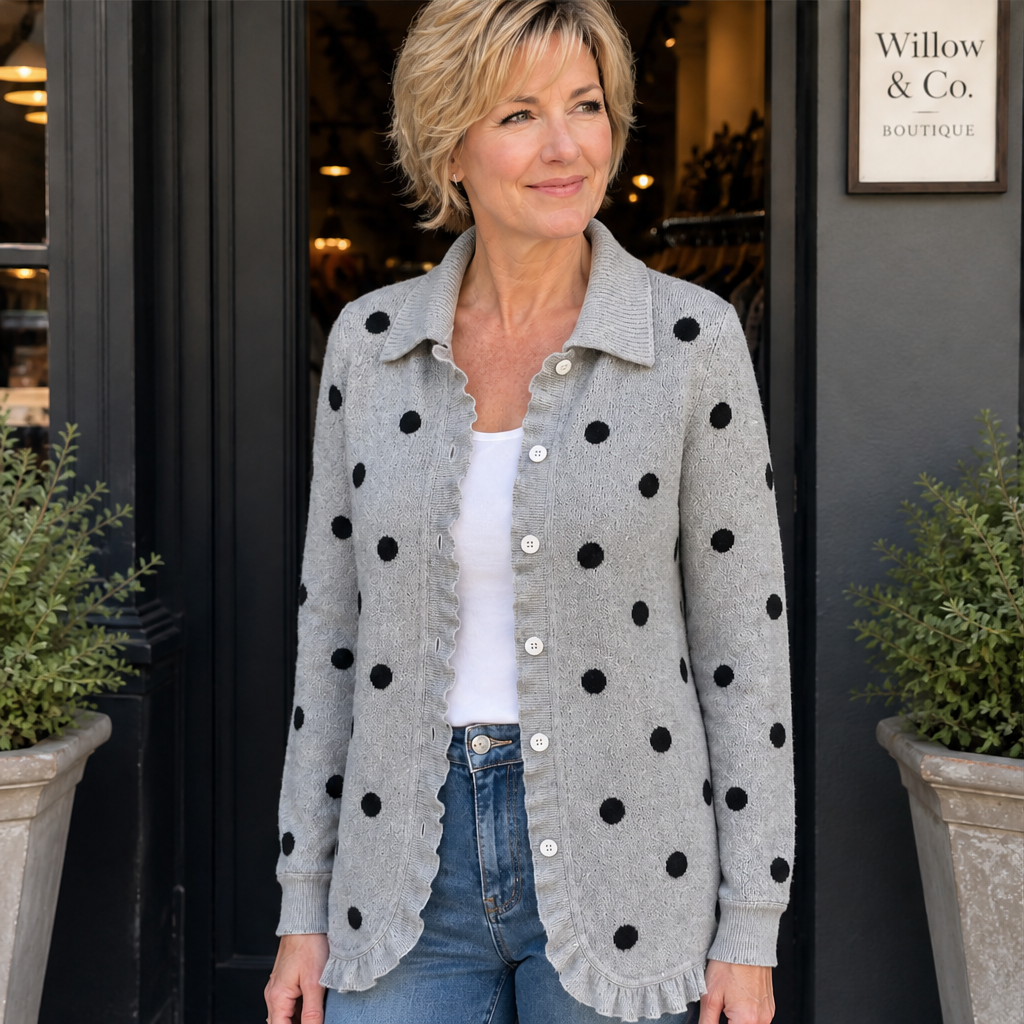 Marlowick – Ruffle Trim Polka Dot Knit Cardigan + 50% OFF features