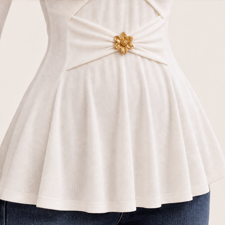 Fleurmont – V-Neck Peplum Top with Metallic Flower Accents + 50% OFF detail