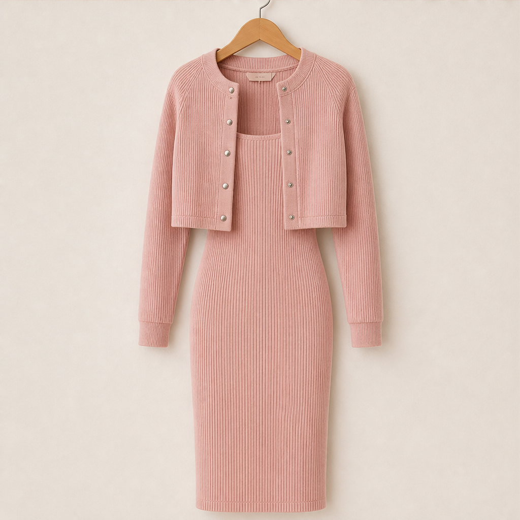 Ambrette – Ribbed Bodycon Dress &amp; Cropped Jacket Two-Piece Set + 50% OFF detail