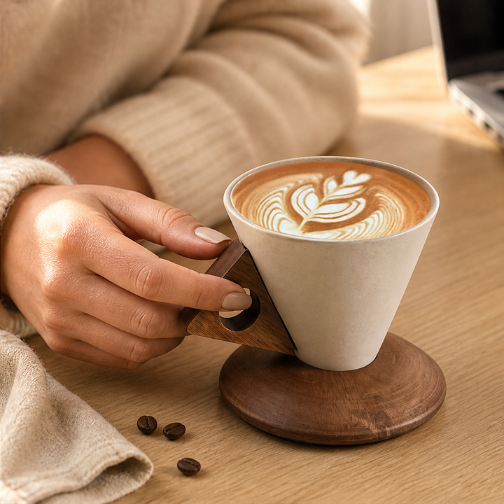 Acorra – Conical Ceramic Coffee Cup with Wood Handle &amp; Base + 50% OFF lifestyle