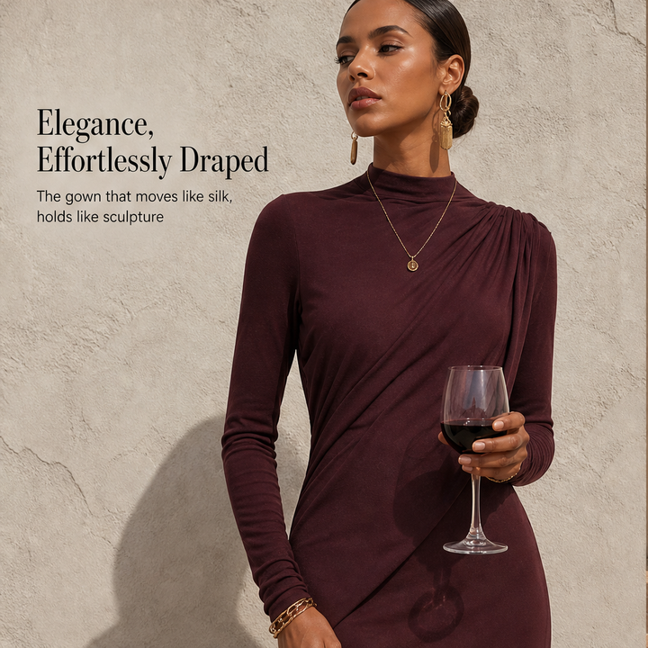 Solvienne – Draped High Neck High Slit Evening Gown + 50% OFF features