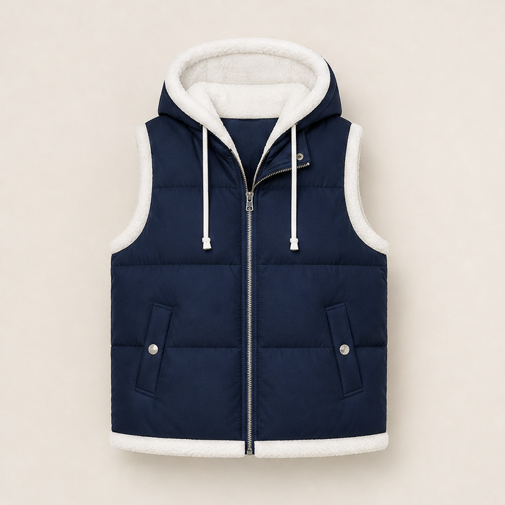 Foldwick – Faux Two-Piece Sherpa Hood Puffer Vest + 50% OFF Navy