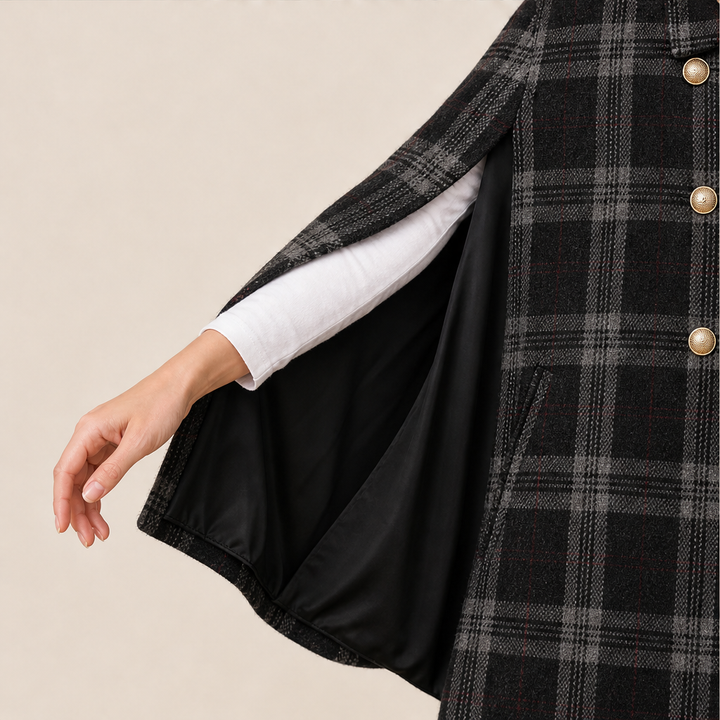 Camryn Hale – Plaid Statement-Button Cape Coat + 50% OFF detail