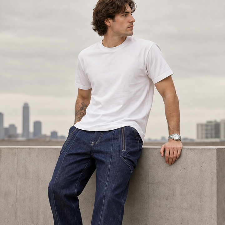 Denwick – Faux Denim Stretch Cargo Pants with Zip Pockets + 50% OFF features