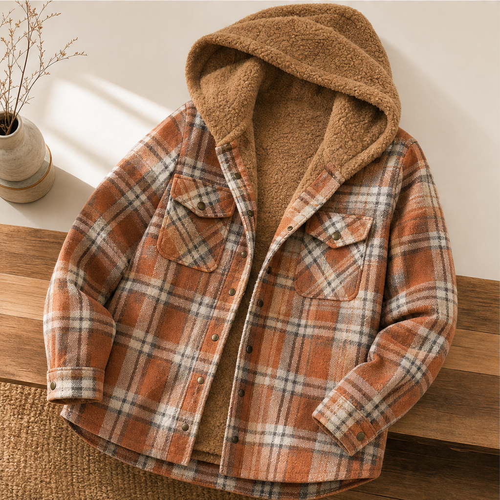 Wrenfield – Sherpa-Hood Thickened Flannel Plaid Shirt Jacket + 50% OFF detail