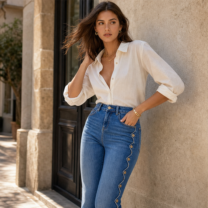 Fernbelle – Scalloped Button Flare Jeans with Raw Hem + 50% OFF features