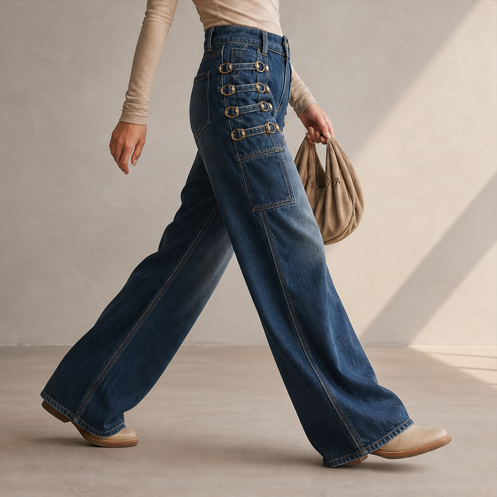 Buckridge – Gold Ring Buckle Wide-Leg High-Waist Cargo Jeans + 50% OFF features