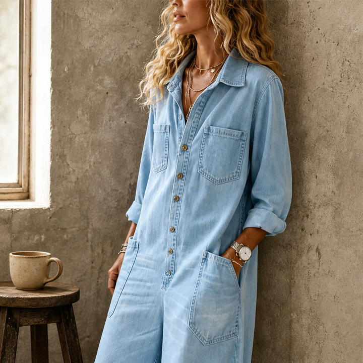 Wrenfield – Collared Wide-Leg Denim Jumpsuit + 50% OFF features