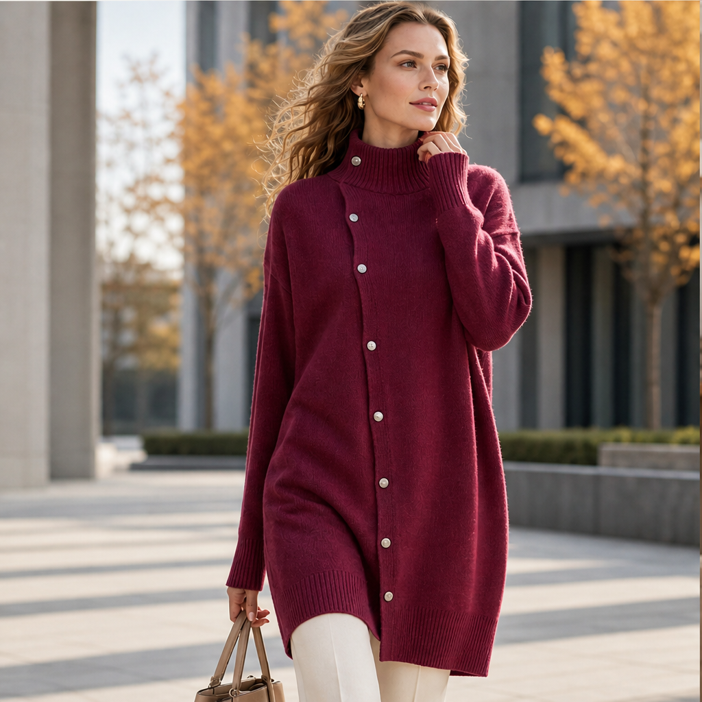 Millbron – Oversized Turtleneck Cardigan with Asymmetrical Buttons + 50% OFF features