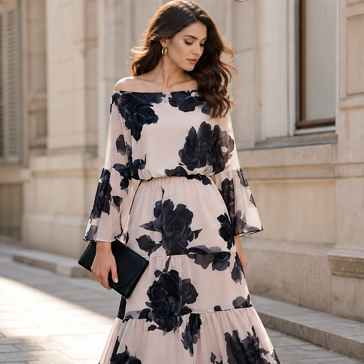Rosemere – Off-Shoulder Floral Ruffle Hem Maxi Dress + 50% OFF features