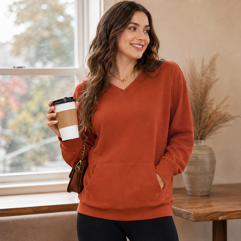 Softmere – Kangaroo Pocket V-Neck Oversized Sweatshirt + 50% OFF features
