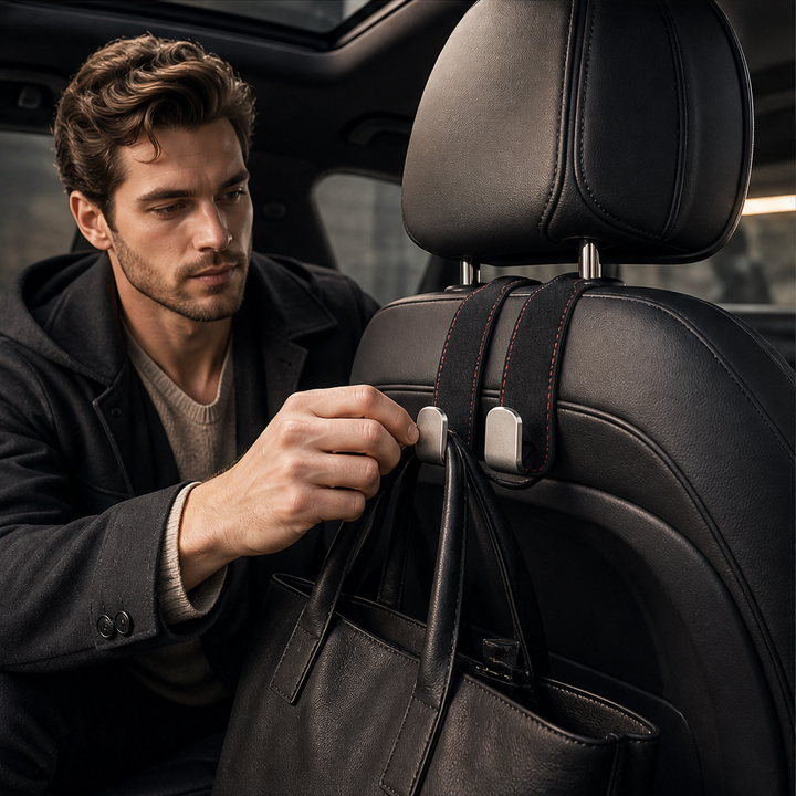 Backseat Foundry – Steel-Core Dual Hook Car Headrest Organizer + 50% OFF features