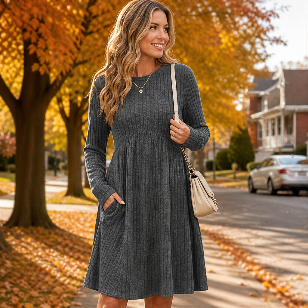 Cambrielle – Ribbed A-Line Midi Dress with Hidden Pockets + 50% OFF features
