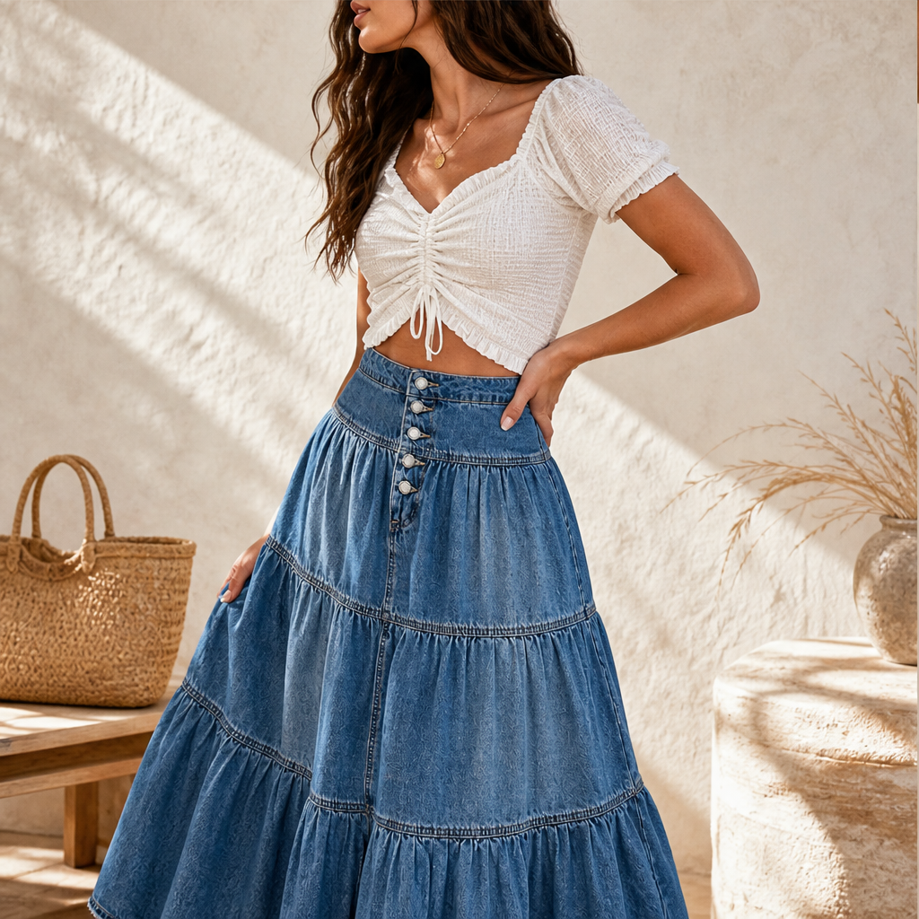 Westbloom – High-Waisted Tiered A-Line Cowboy Denim Maxi Skirt + 50% OFF features